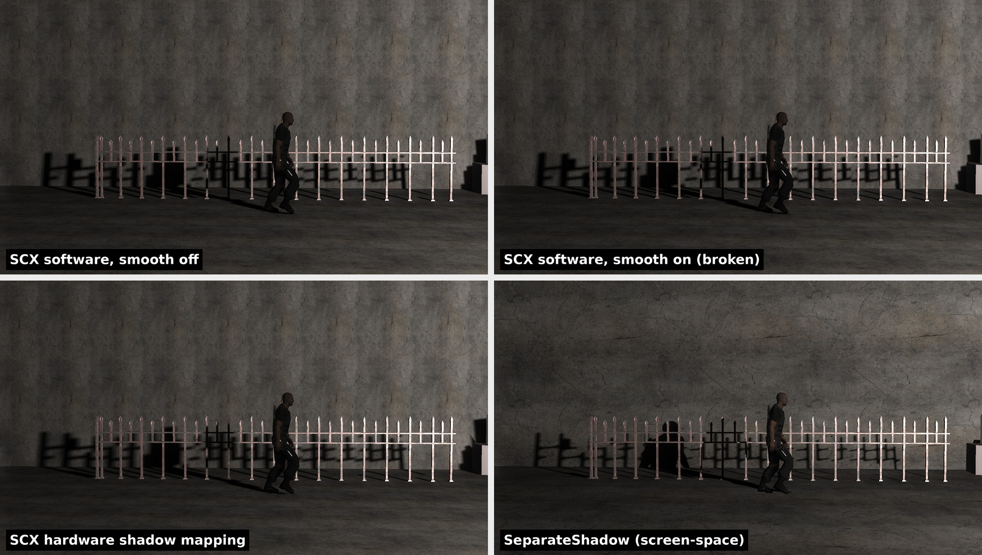 Double Agent's four shadow modes, same frame